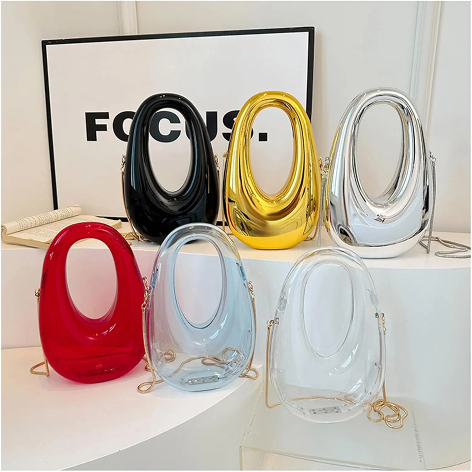 Acrylic Moon Shape Evening Clutch Purse For Women Metal Chains Unique Shoulder Bag Handbag For Wedding Party Prom (Red,Female,Adult)