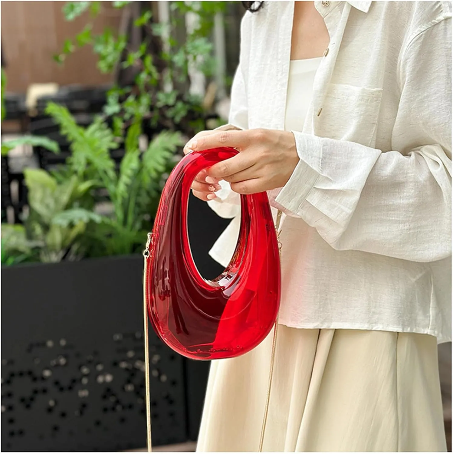 Acrylic Moon Shape Evening Clutch Purse For Women Metal Chains Unique Shoulder Bag Handbag For Wedding Party Prom (Red,Female,Adult)