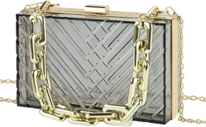 Acrylic Purse Box for Women, V Shape Evening Clear Clutch Shoulde Bag, Transparent Handbag Crossbody Bag with Thick Handle Metal Chain for Party Prom Concert Wedding, Grey