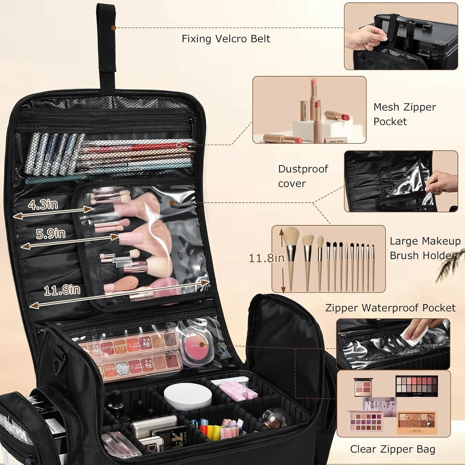 Adazzo Extra Large Makeup Case - 18" Travel Makeup Bag Organizer with 7 Dividers & 4 Zippered Bags | Make up Artist Bag Professional Makeup Box Big Train Case for Makeup, Nail & Tattoo Artists Barber