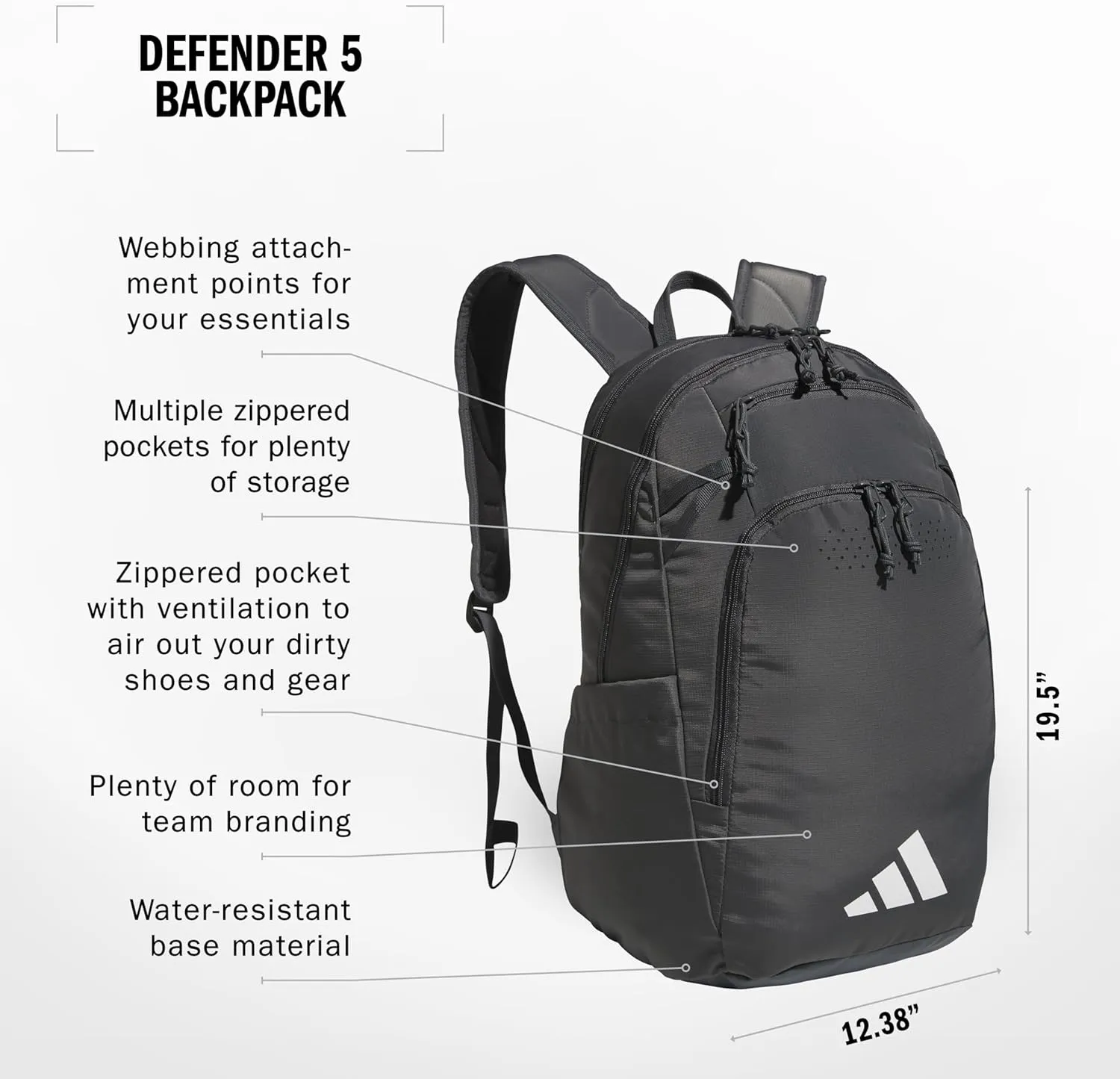 adidas Defender 5 Team Sports Backpack (33L) Durable Large Athletic Gym Laptop Travel Bag, Dark Grey, One Size