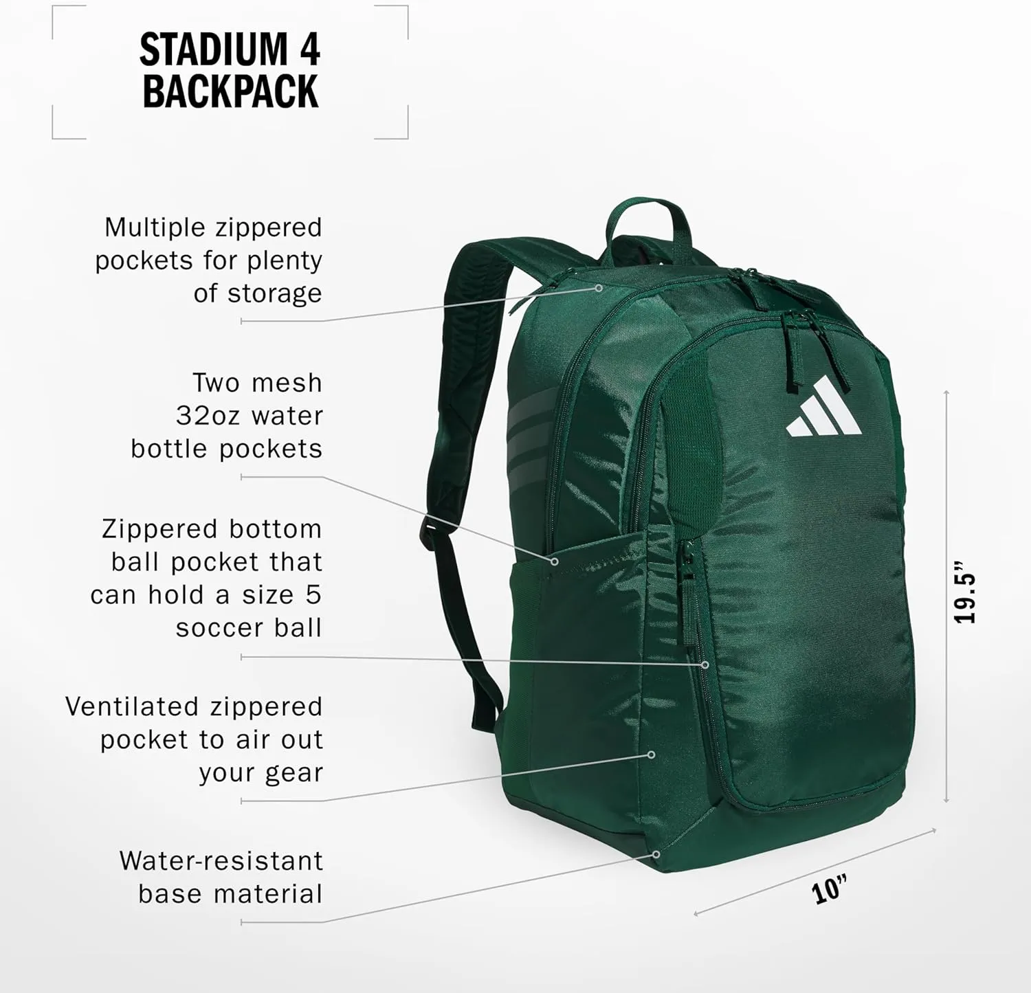adidas Stadium Team Sports Backpack for Men and Women (36l) Durable Athletic Laptop Bag, Dark Green/4.0, One Size