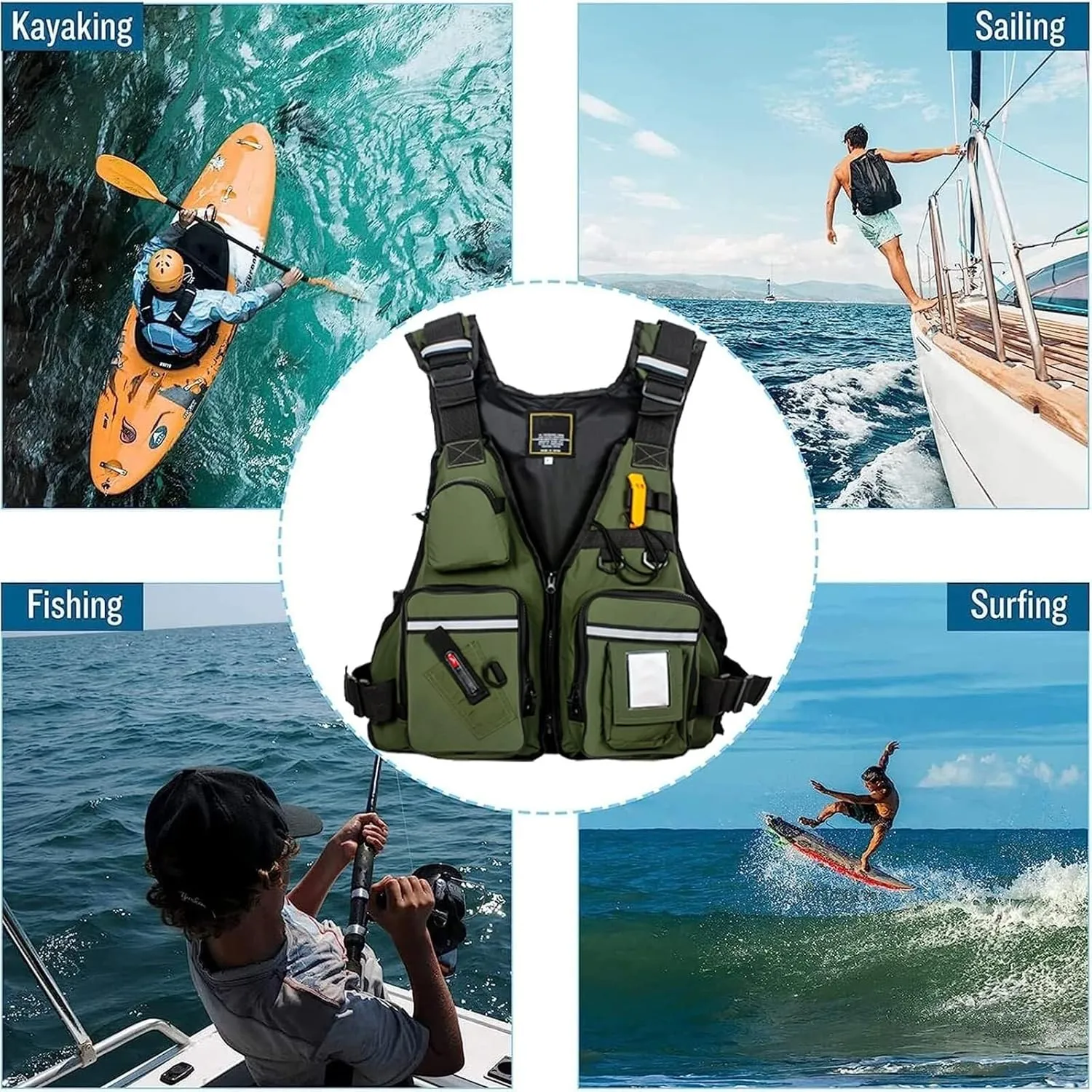 Adjustable Fishing Jackets with Multi-Pockets and Reflective Stripe for Paddle Boarding Kayaking Snorkel