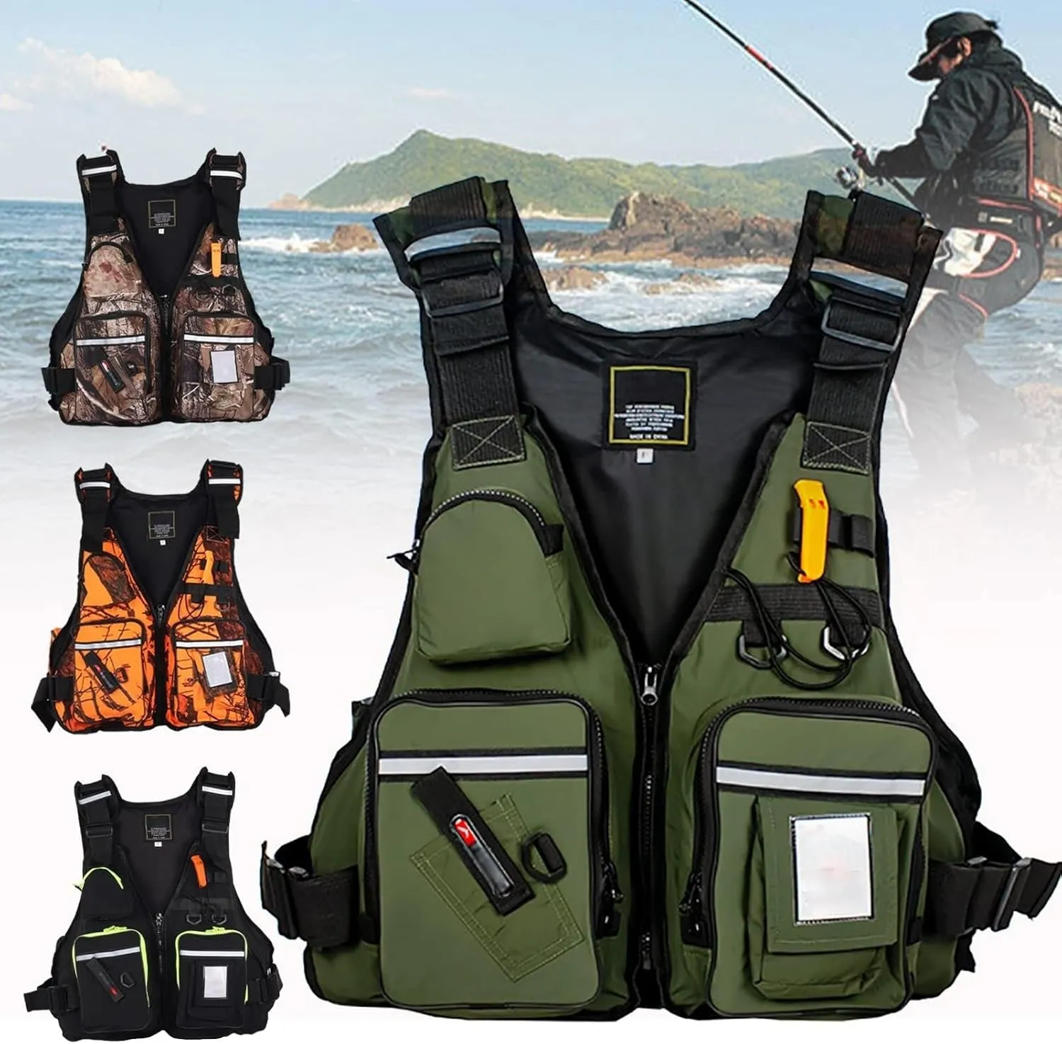 Adjustable Fishing Jackets with Multi-Pockets and Reflective Stripe for Paddle Boarding Kayaking Snorkel