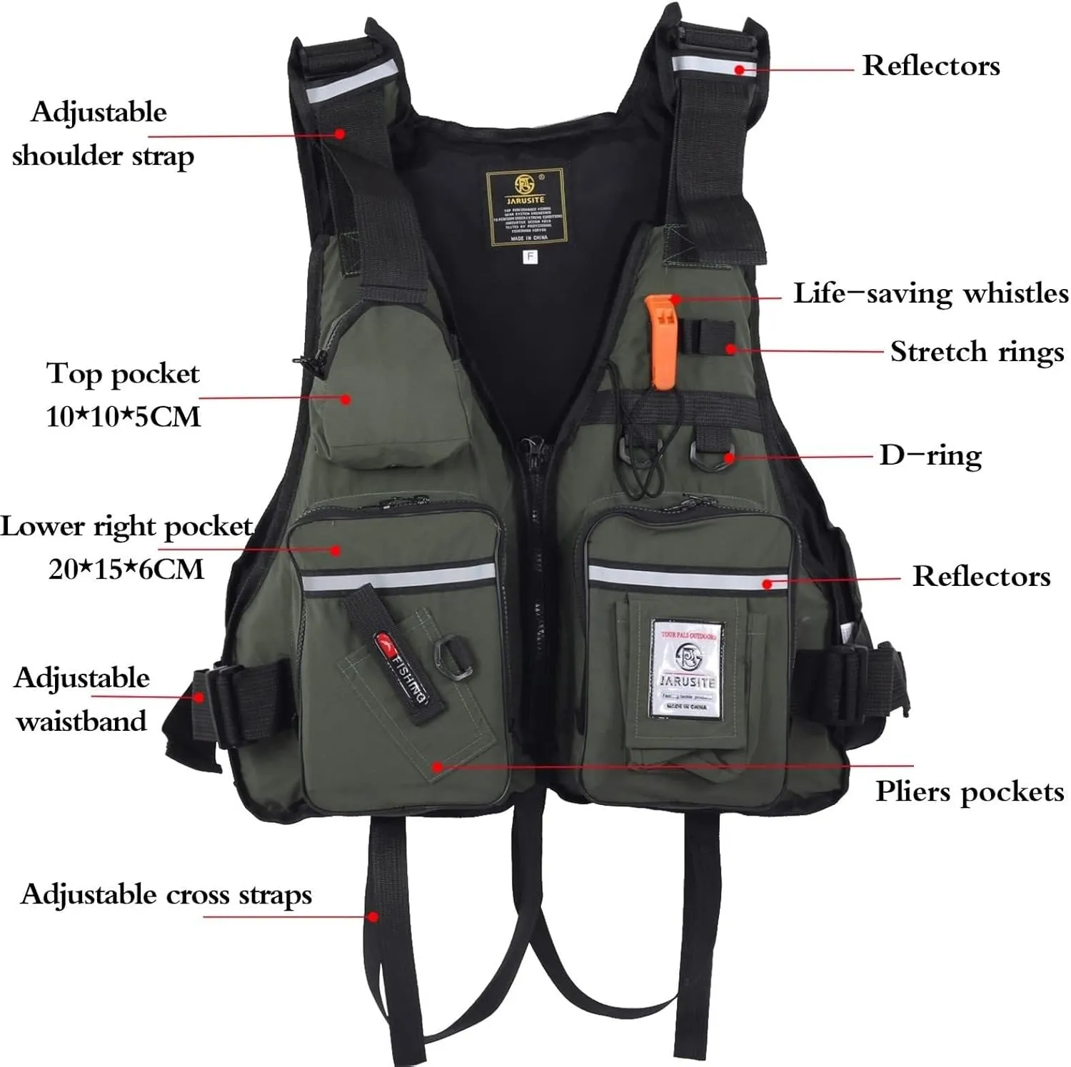 Adjustable Fishing Jackets with Multi-Pockets and Reflective Stripe for Paddle Boarding Kayaking Snorkel