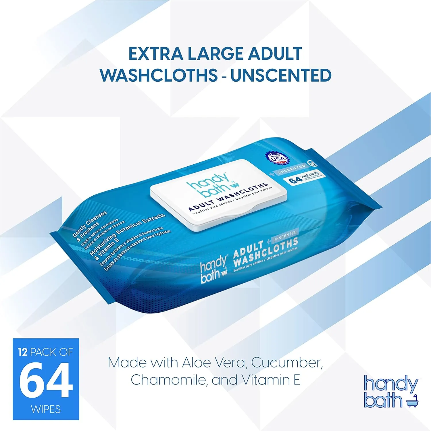 Adult Wet Wipes Unscented, Cleaning Wipes with Aloe Vera and Chamomile, 12 Packs of 64 Wipes - Senior Care, Outdoor Activities, Travel Essentials