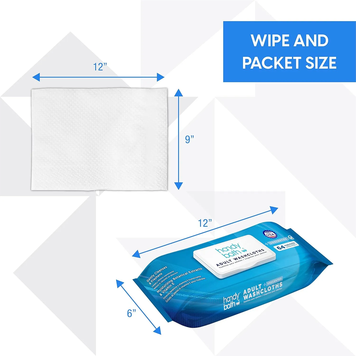 Adult Wet Wipes Unscented, Cleaning Wipes with Aloe Vera and Chamomile, 12 Packs of 64 Wipes - Senior Care, Outdoor Activities, Travel Essentials