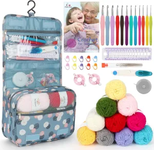 Aeelike Crochet Kit for Beginners with 10 Colors Yarn and Introduction Book, 48pcs Crochet Starter Kit Everything for Adult, Learn to Crochet Kit with Soft Grip Crochet Hooks and Blue Flower Bag