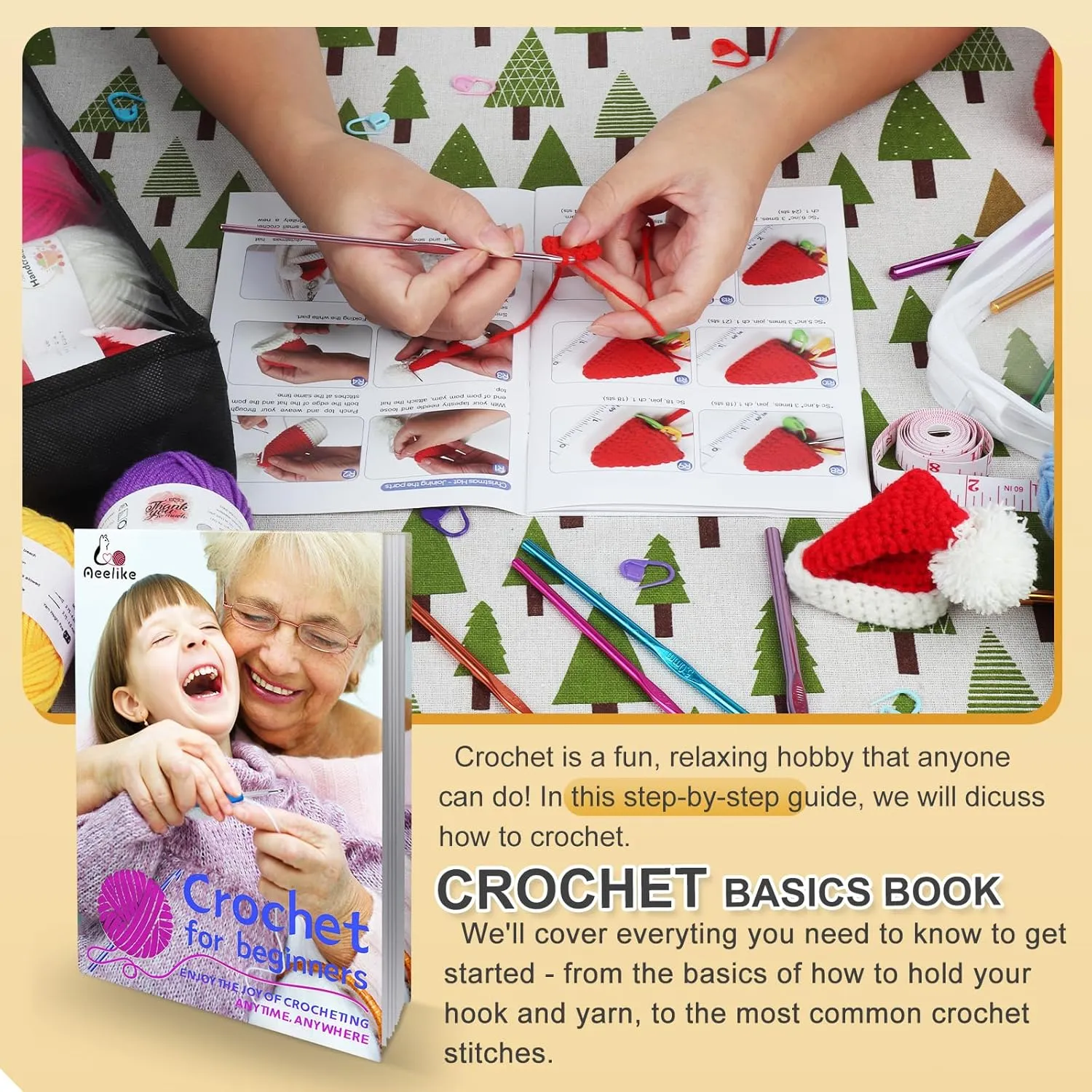 Aeelike Crochet Kit for Beginners with 10 Colors Yarn and Introduction Book, 48pcs Crochet Starter Kit Everything for Adult, Learn to Crochet Kit with Soft Grip Crochet Hooks and Blue Flower Bag
