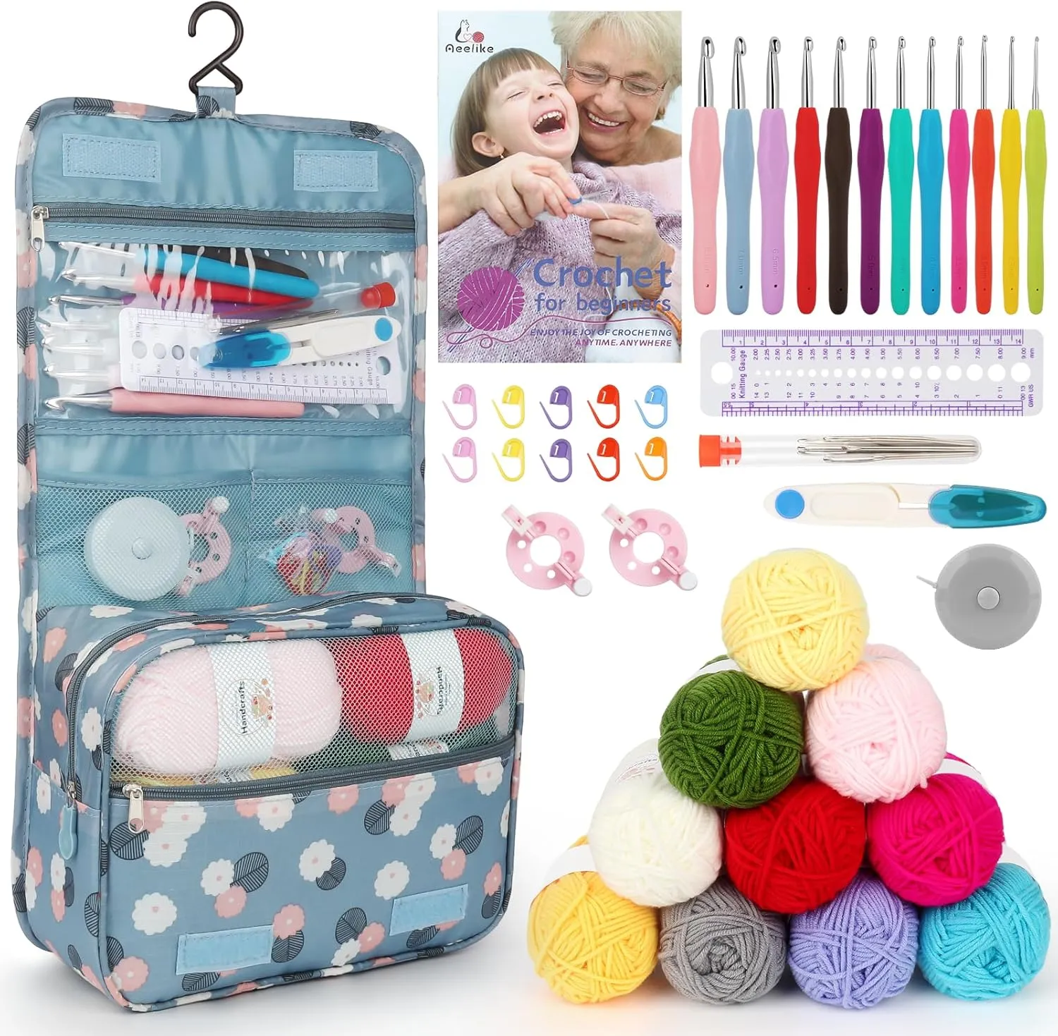 Aeelike Crochet Kit for Beginners with 10 Colors Yarn and Introduction Book, 48pcs Crochet Starter Kit Everything for Adult, Learn to Crochet Kit with Soft Grip Crochet Hooks and Blue Flower Bag