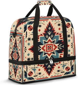 African Ethnic Pattern Foldable Duffle Bag with Shoes Compartment Large Capacity Waterproof Travel Weekender Bag Overnight Bag for Sports Gym