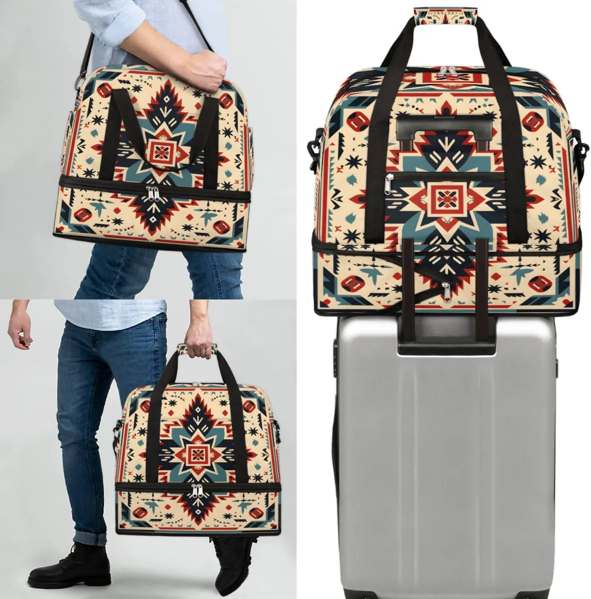 African Ethnic Pattern Foldable Duffle Bag with Shoes Compartment Large Capacity Waterproof Travel Weekender Bag Overnight Bag for Sports Gym