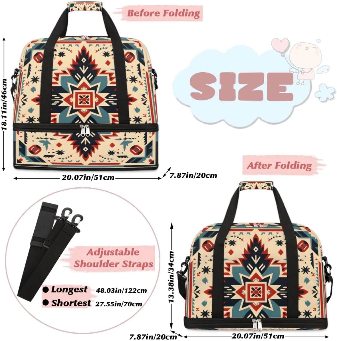 African Ethnic Pattern Foldable Duffle Bag with Shoes Compartment Large Capacity Waterproof Travel Weekender Bag Overnight Bag for Sports Gym