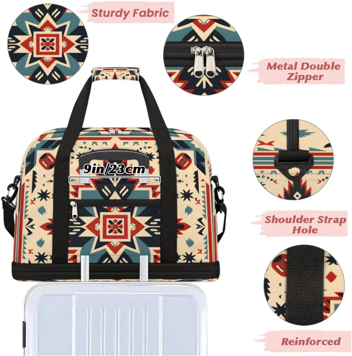African Ethnic Pattern Foldable Duffle Bag with Shoes Compartment Large Capacity Waterproof Travel Weekender Bag Overnight Bag for Sports Gym
