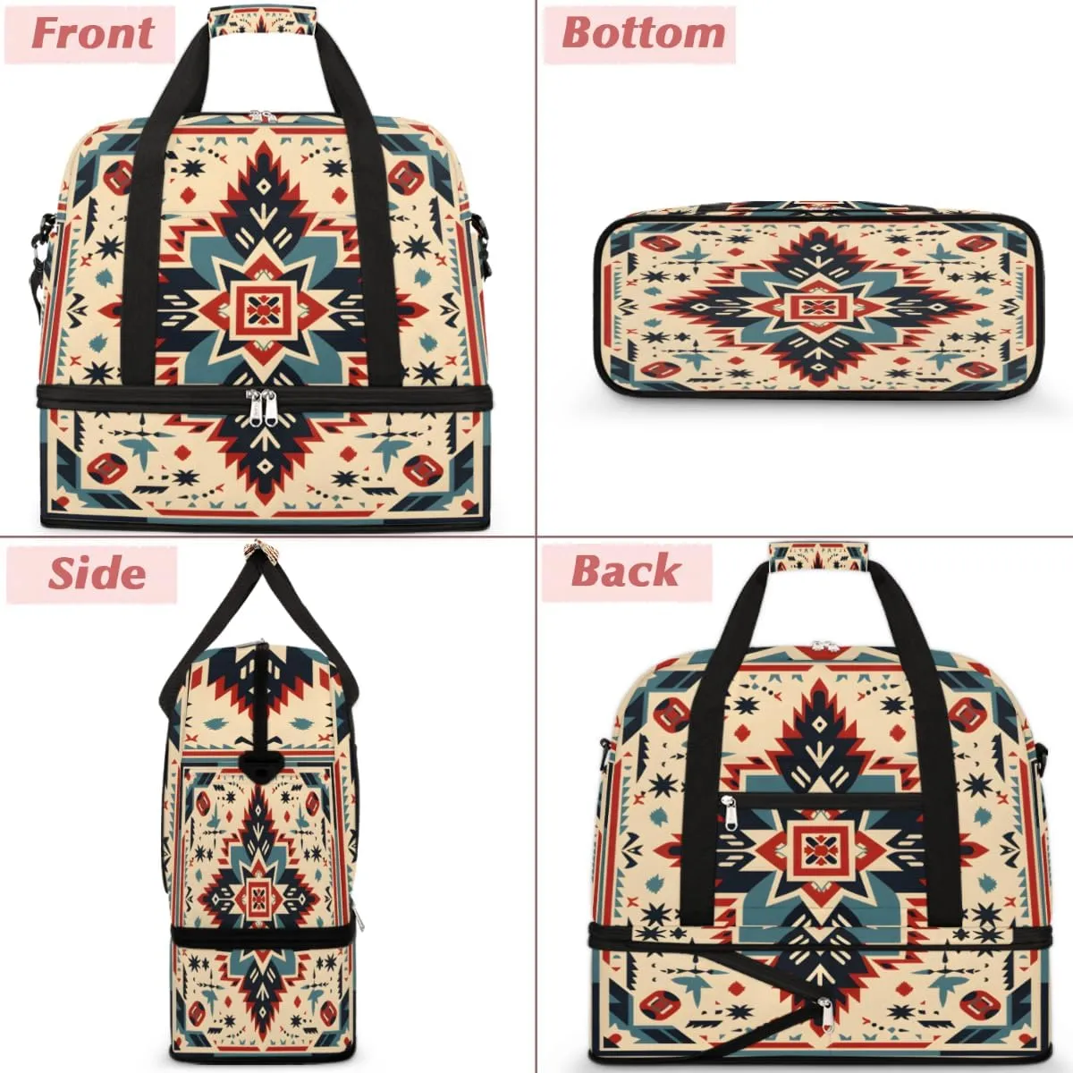 African Ethnic Pattern Foldable Duffle Bag with Shoes Compartment Large Capacity Waterproof Travel Weekender Bag Overnight Bag for Sports Gym