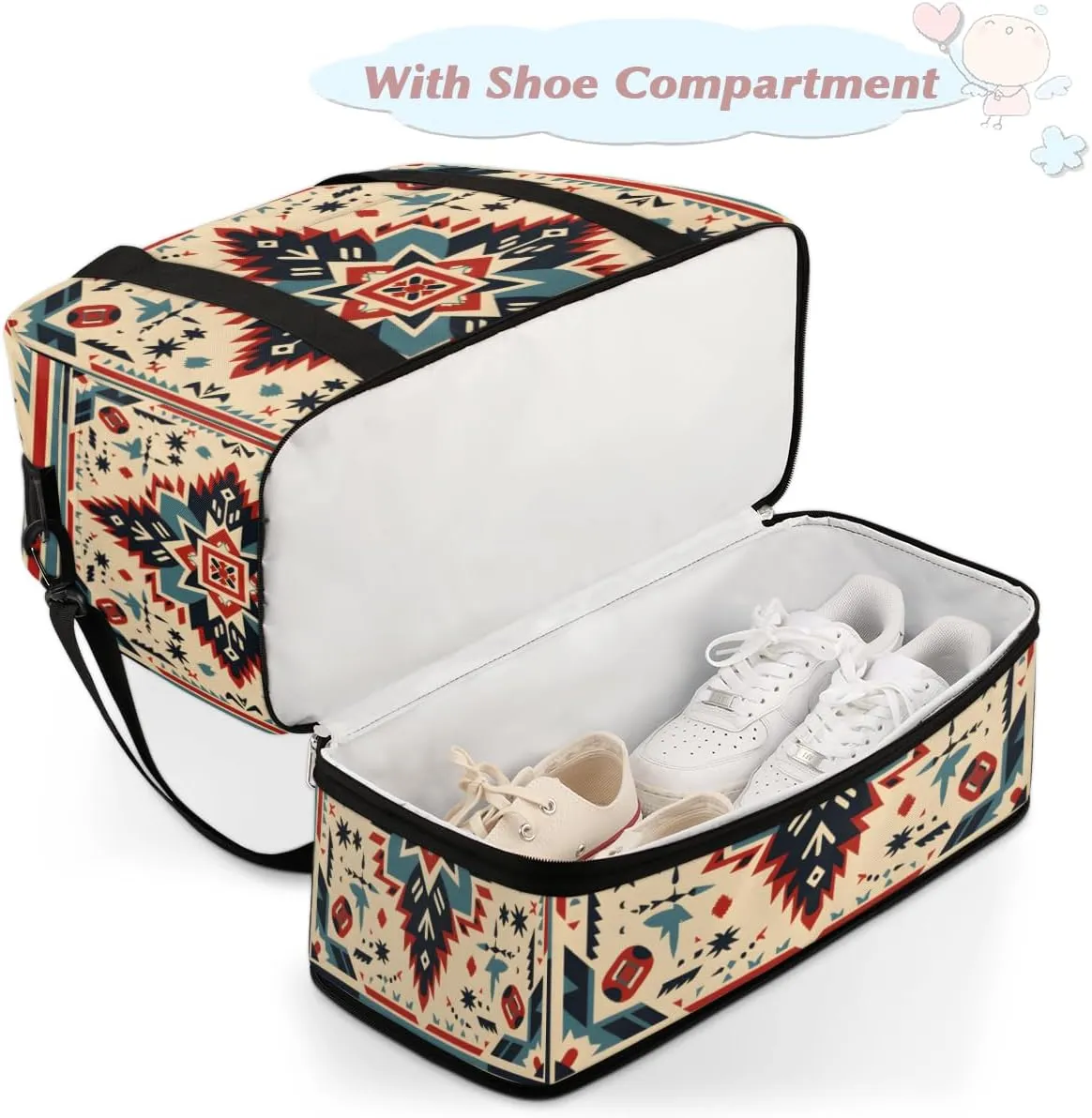African Ethnic Pattern Foldable Duffle Bag with Shoes Compartment Large Capacity Waterproof Travel Weekender Bag Overnight Bag for Sports Gym