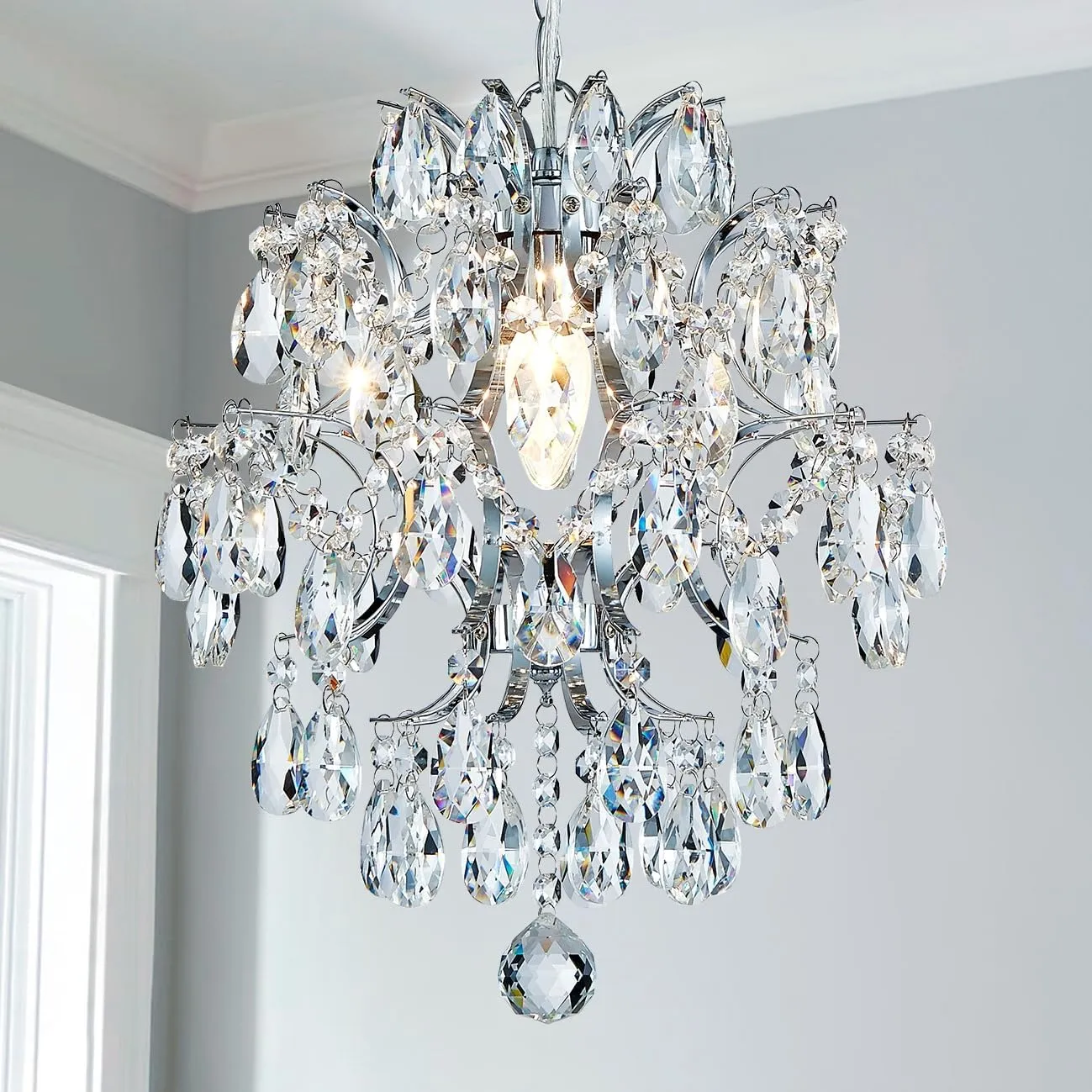 AGV LIGHTING 20101 Crystal Chandeliers, Modern Pendant Light Fixture with 1-E26-Light Socket, Perfect for Living Space, D12 x H16, Adjustable Chains 59", Chrome Finish