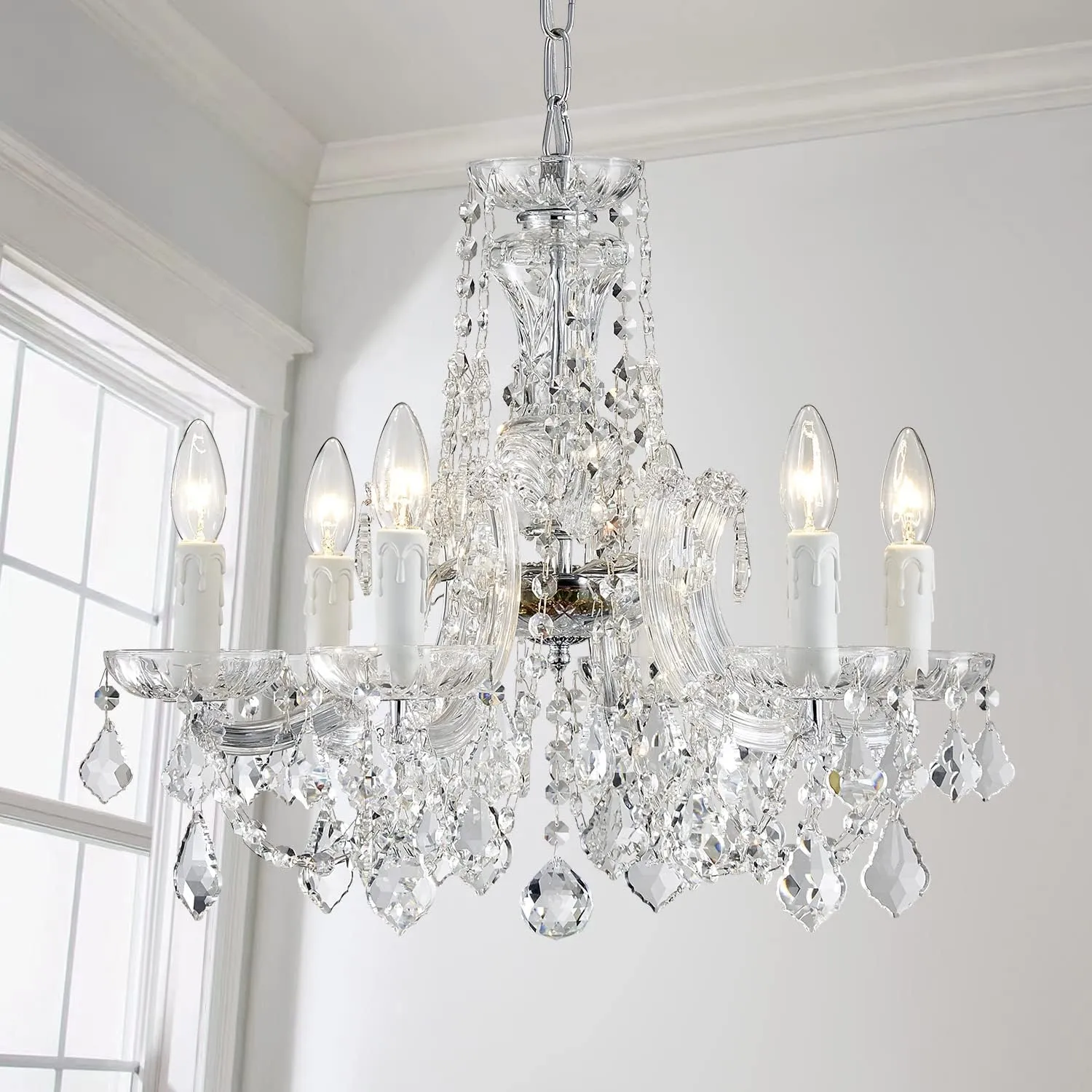 AGV LIGHTING Modern Chandelier Light Fixture, Crystal Pendant Raindrop Chandelier, Maria Theresa Silver Crystals Chandelier with 6-Lights, D20 X H18, Adjustable Chain Max 39"