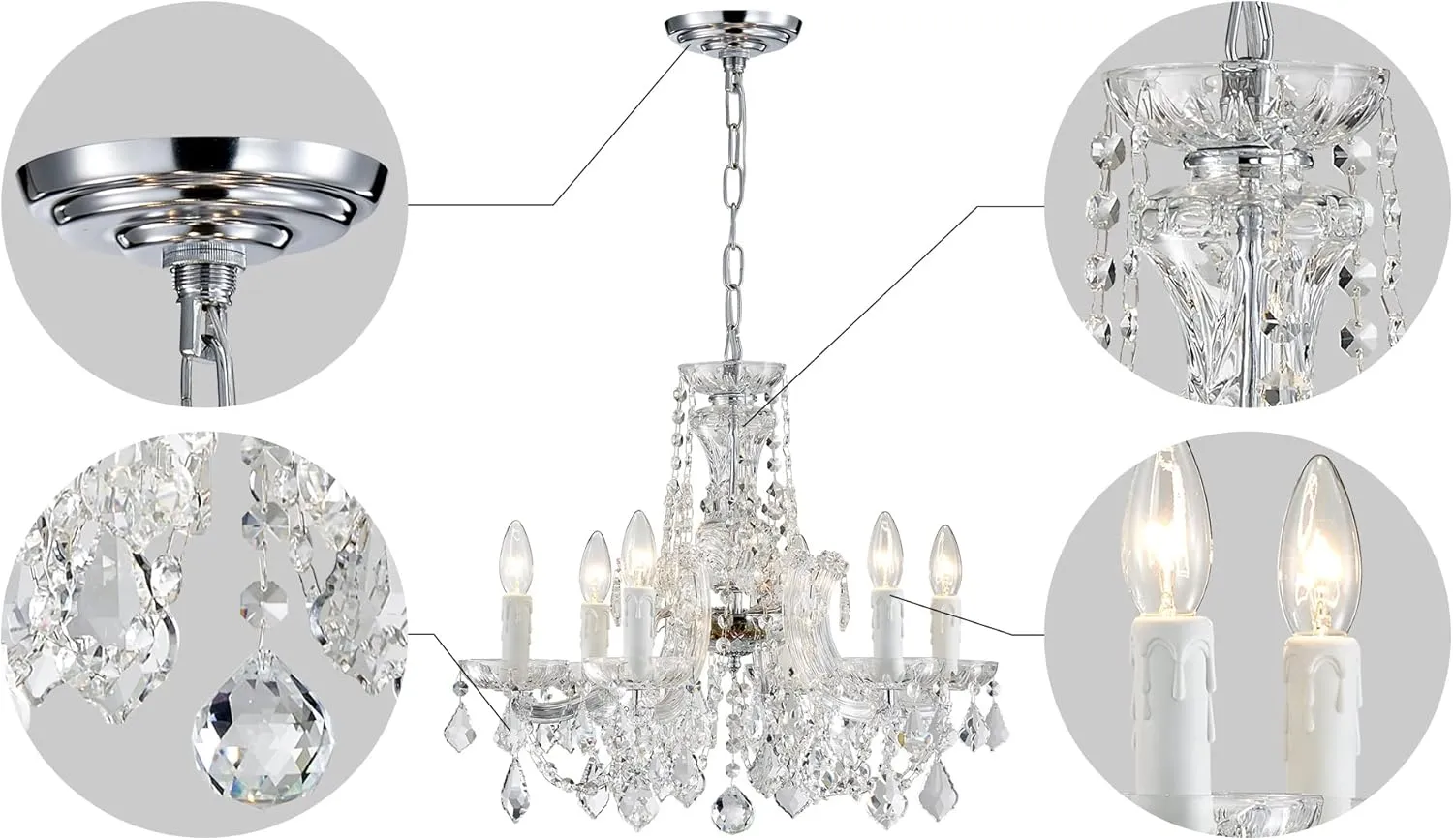 AGV LIGHTING Modern Chandelier Light Fixture, Crystal Pendant Raindrop Chandelier, Maria Theresa Silver Crystals Chandelier with 6-Lights, D20 X H18, Adjustable Chain Max 39"