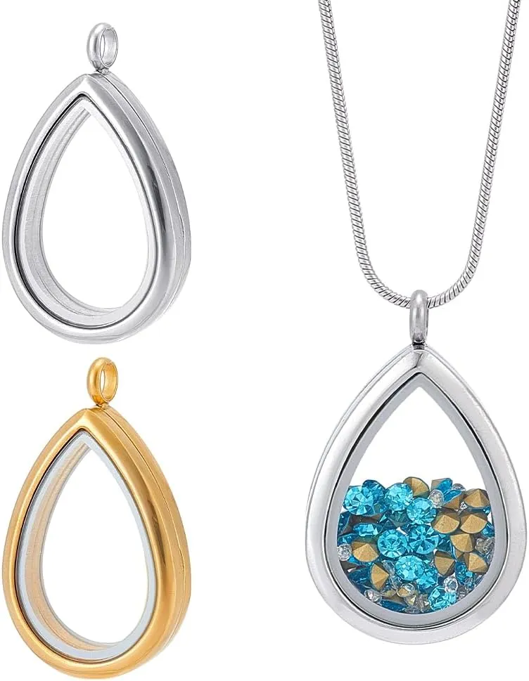 AHANDMAKER 2Pcs 2 Colors Floating Charm Stainless Steel Locket Pendants Small Teardrop Living Memory Pendant Necklace Glass Photo Frame Locket Charms for DIY Jewelry Necklace Making 45x28x7mm