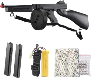 Airsoft Tommy Thompson Durable Submachine Gun WW2 Chicago Typewriter Full Auto SMG AEG with Extra Stick Magazines, Battery and Charger