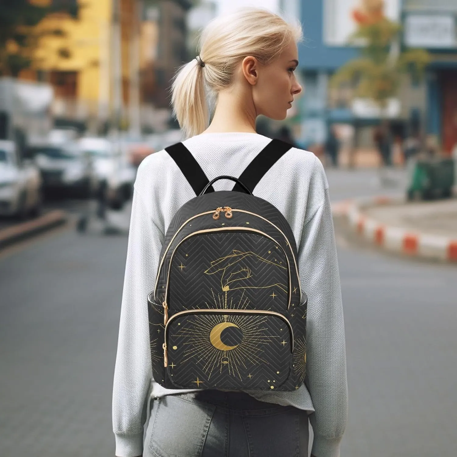ALAZA Crescent Moon Star Boho Bohemian Mini Backpack Purse for Women Travel Bag Fashion Daypack Back Pack Shoulder Bag