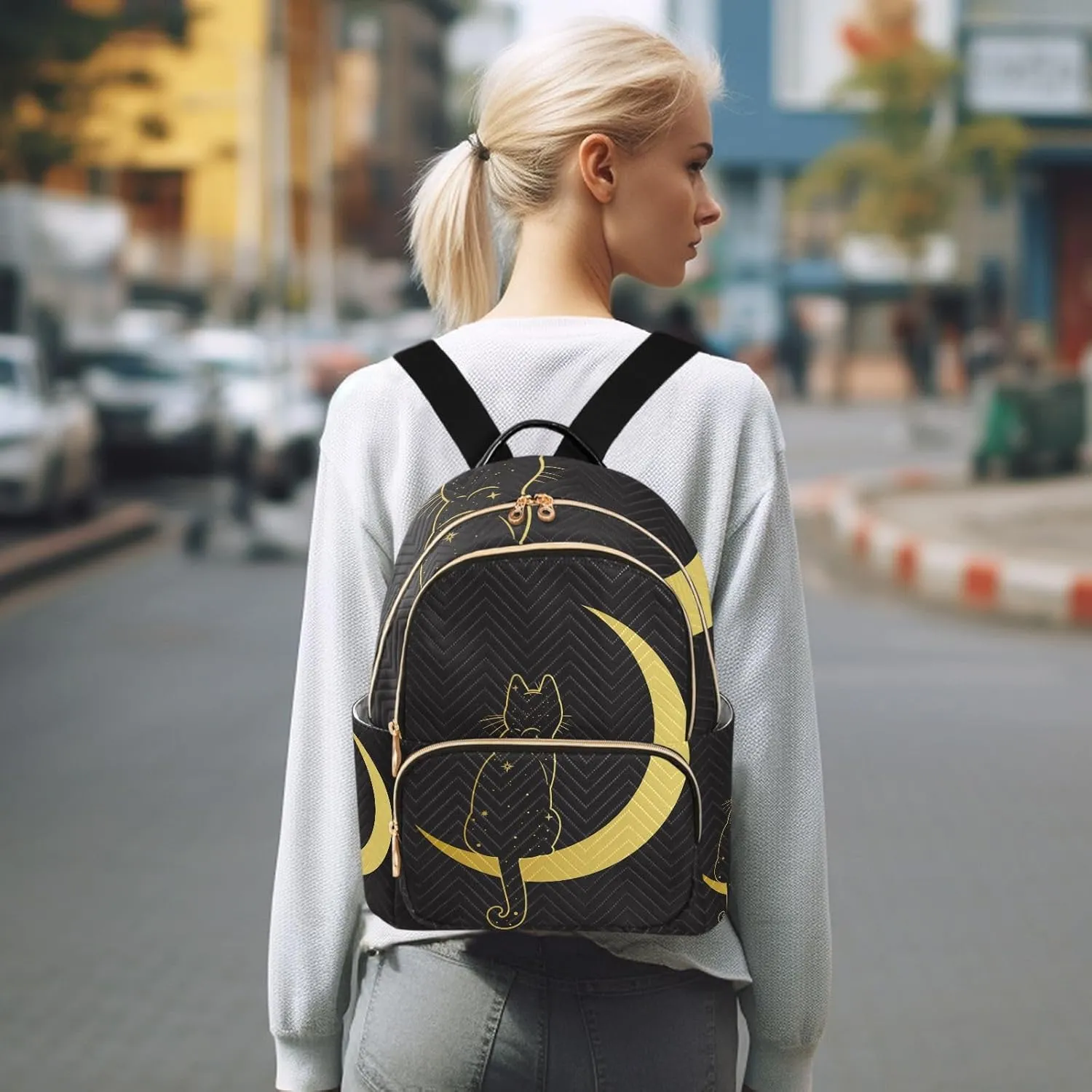 ALAZA Cute Cat Crescent Moon Small Backpack Purse for Women Travel Bag Fashion Daypack Back Pack Shoulder Bag