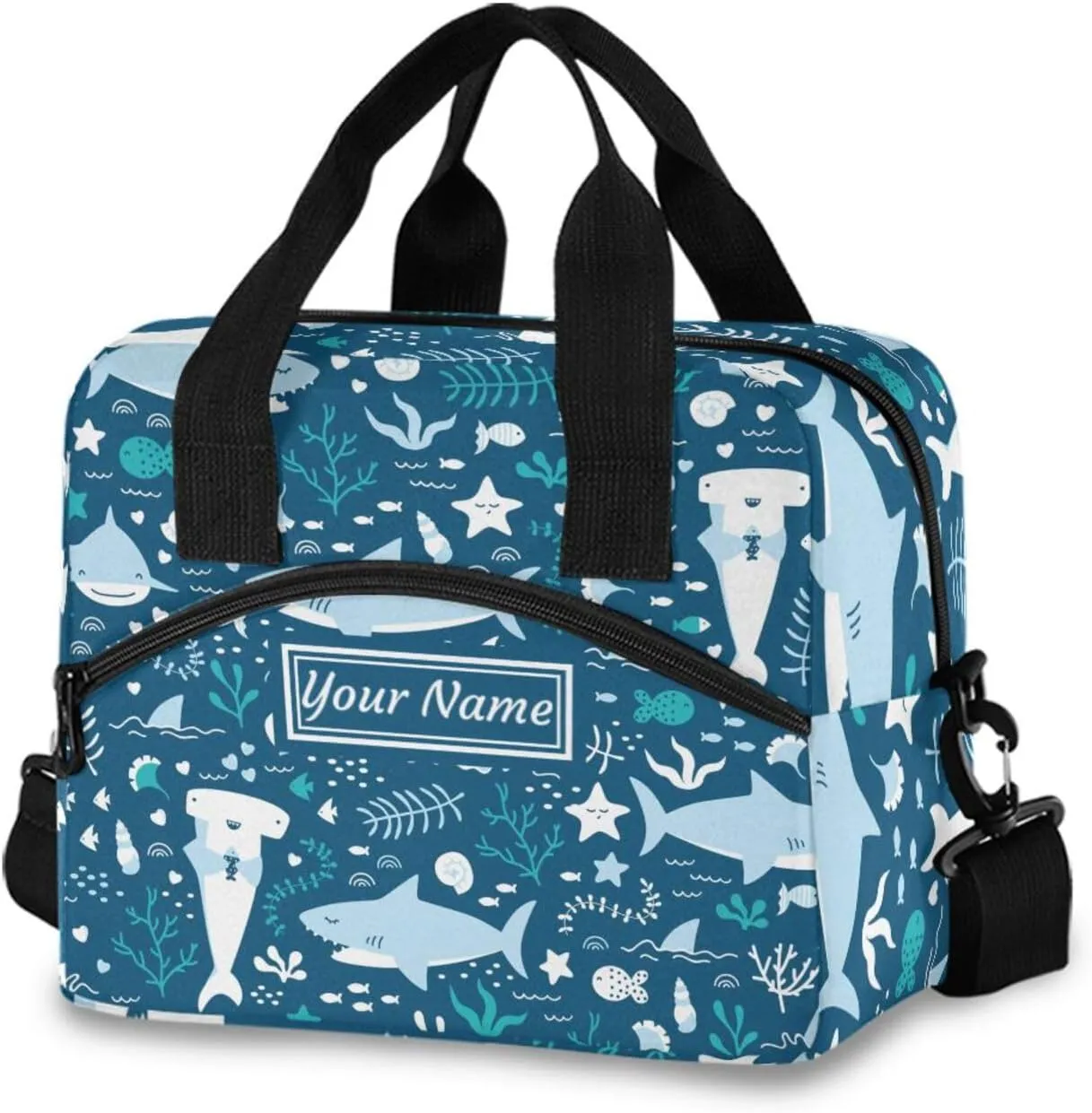 ALAZA Name Personalized Cute Sharks Lunch Bags for Women Leakproof Crossbody Lunch Bag with Shoulder Strap lunch Box Purse Cooler Bag Customized