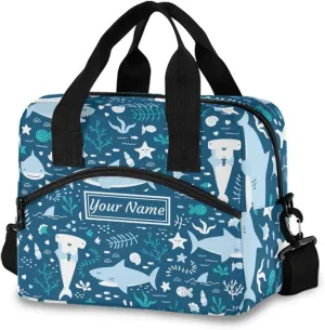 ALAZA Name Personalized Cute Sharks Lunch Bags for Women Leakproof Crossbody Lunch Bag with Shoulder Strap lunch Box Purse Cooler Bag Customized