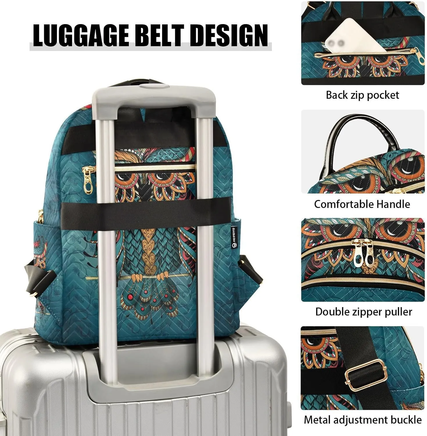 ALAZA Owl Print Boho Ethnic Small Backpack Purse for Women Travel Bag Fashion Daypack Back Pack Shoulder Bag
