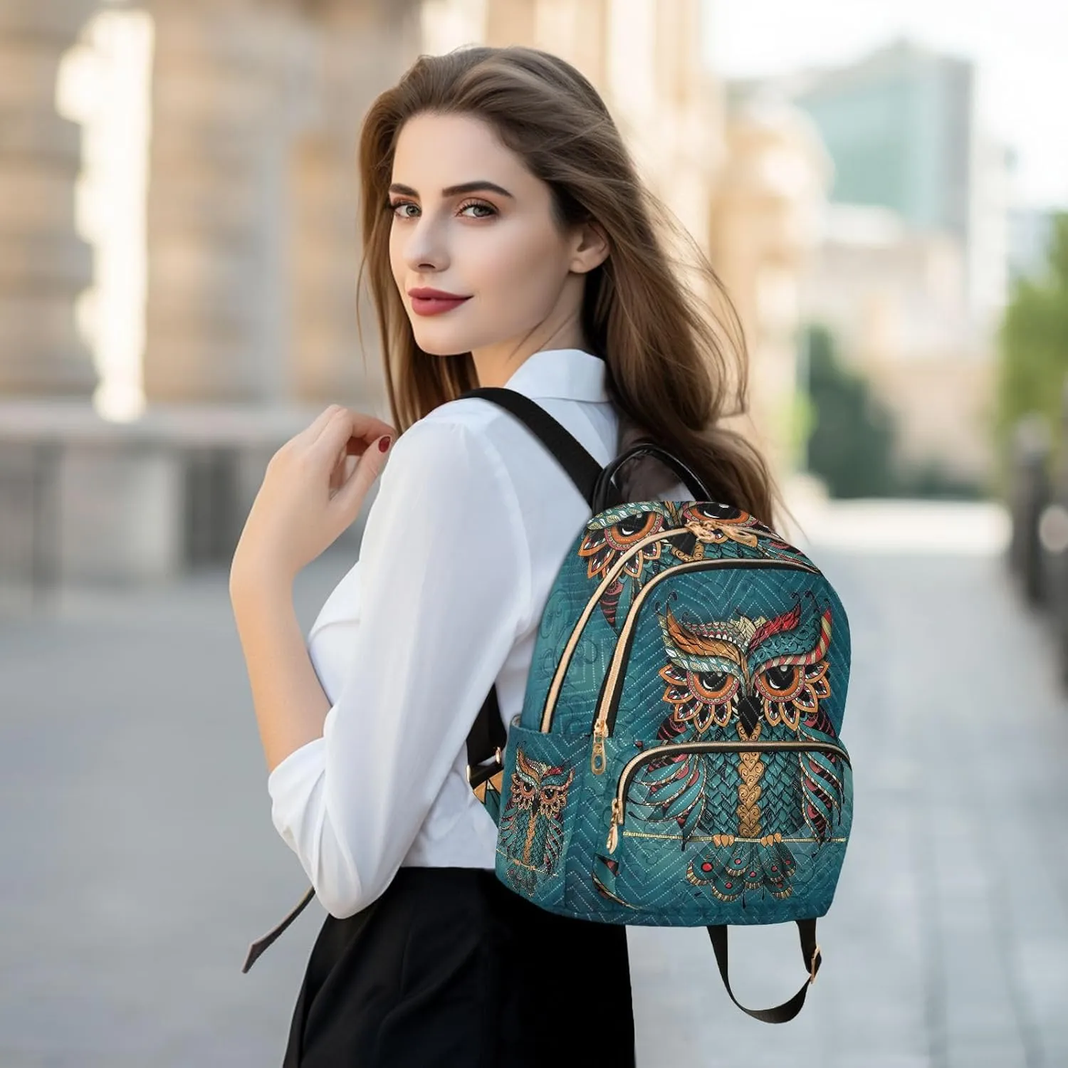 ALAZA Owl Print Boho Ethnic Small Backpack Purse for Women Travel Bag Fashion Daypack Back Pack Shoulder Bag
