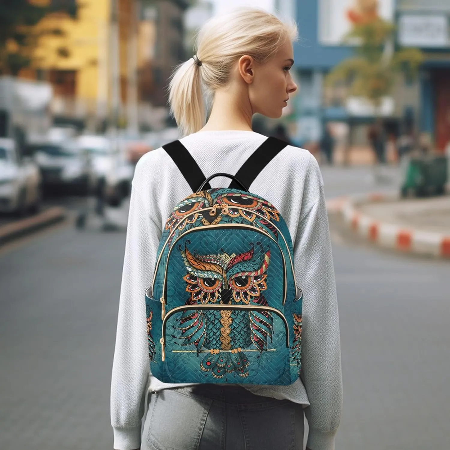 ALAZA Owl Print Boho Ethnic Small Backpack Purse for Women Travel Bag Fashion Daypack Back Pack Shoulder Bag