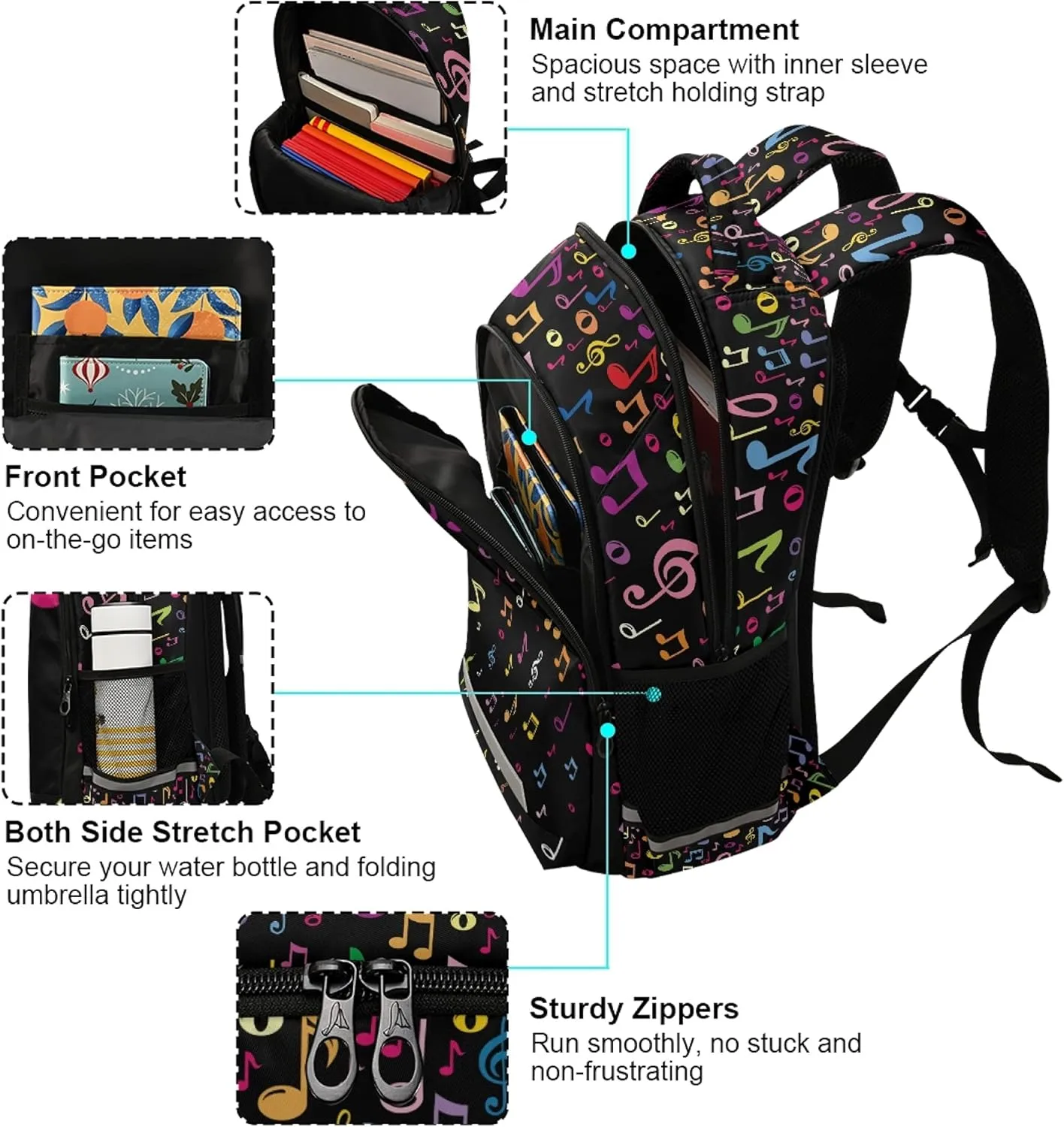 ALAZA Rainbow Music Notes Musical Backpack Purse for Women Men Personalized Laptop Notebook Tablet School Bag Stylish Casual Daypack, 13 14 15.6 inch