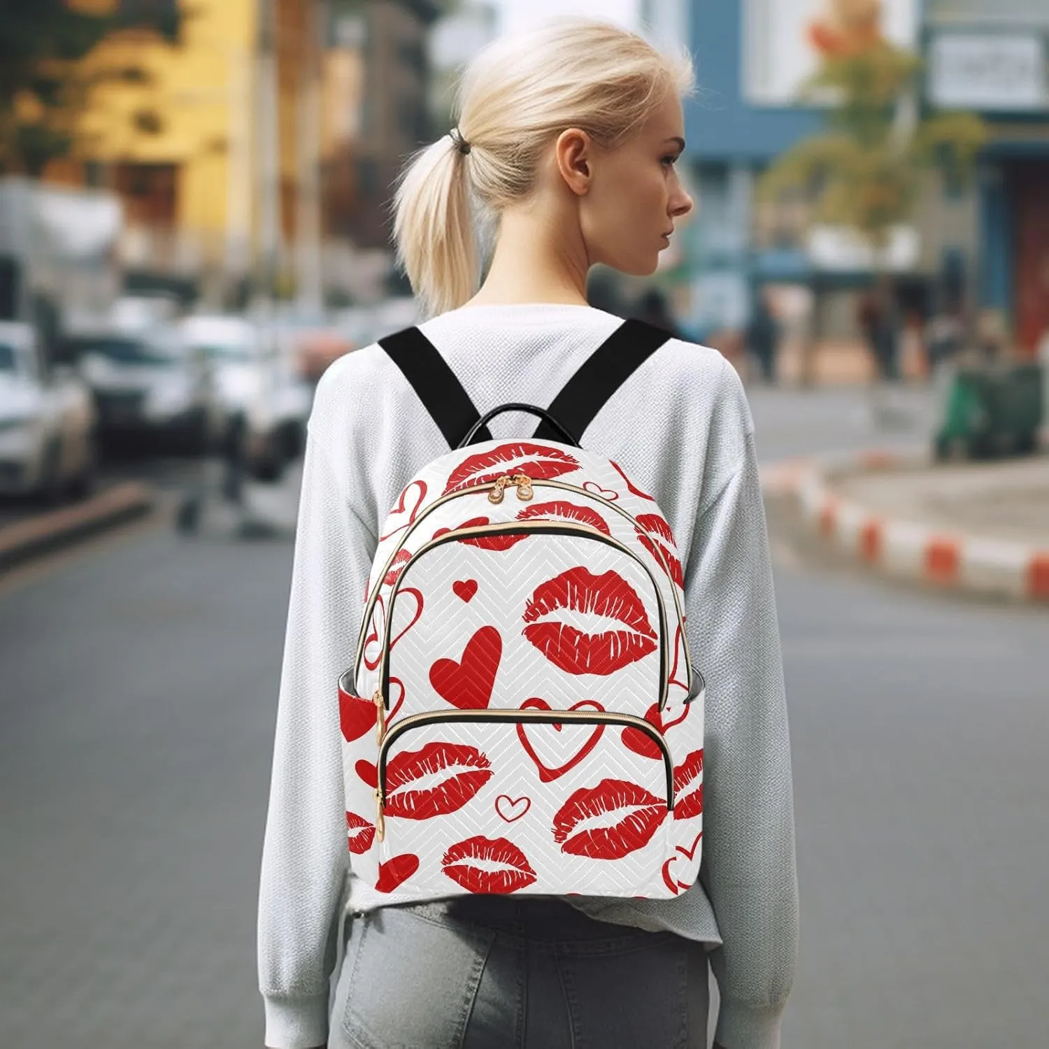 ALAZA Red Lips Hearts Valentine Small Backpack Purse for Women Travel Bag Fashion Daypack Back Pack Shoulder Bag