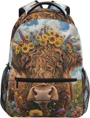 ALAZA Wreath Wearing Highland Cow Kid's Shool Backpack for Girls Boys,Laptop Travel Backpack for Elementary Middle School Bag Teenagers Bookbag with Comfy Shoulder Starp,16.9" H