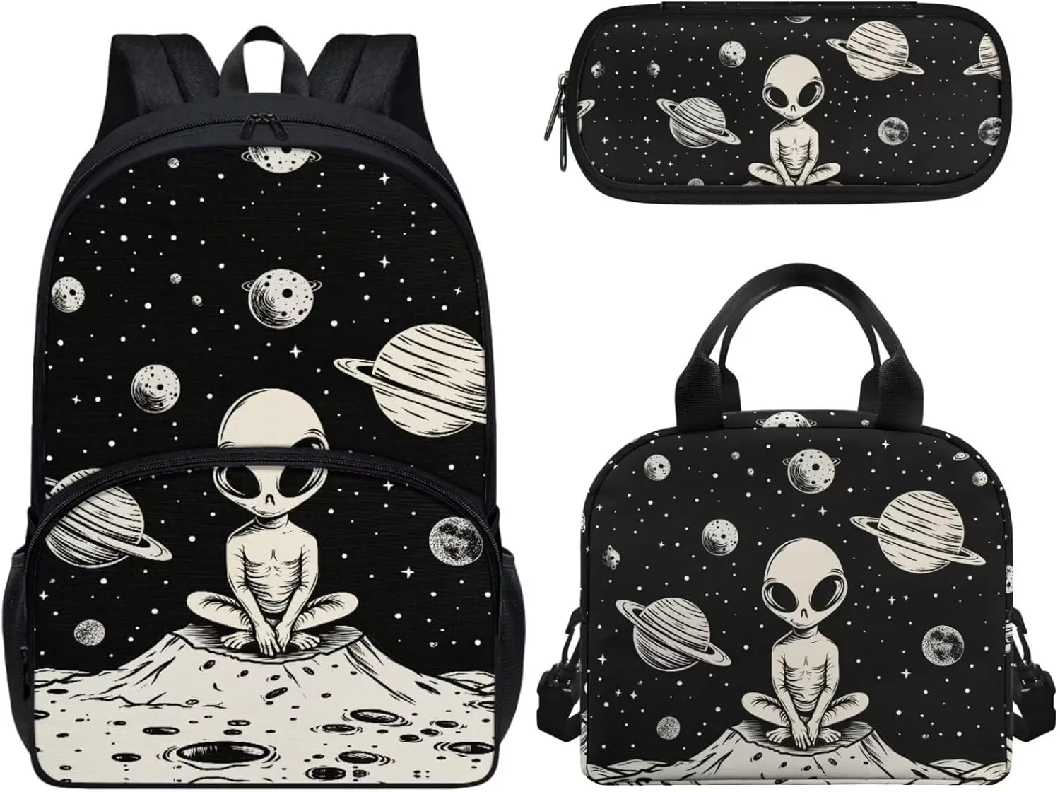 Alien Printed School Bags for Kids 3PCS Backpack with Lunch Bag Pencil Case for School Kids School Backpack for Preschool Kindergarten Elementary High Capacity
