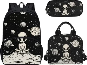Alien Printed School Bags for Kids 3PCS Backpack with Lunch Bag Pencil Case for School Kids School Backpack for Preschool Kindergarten Elementary High Capacity