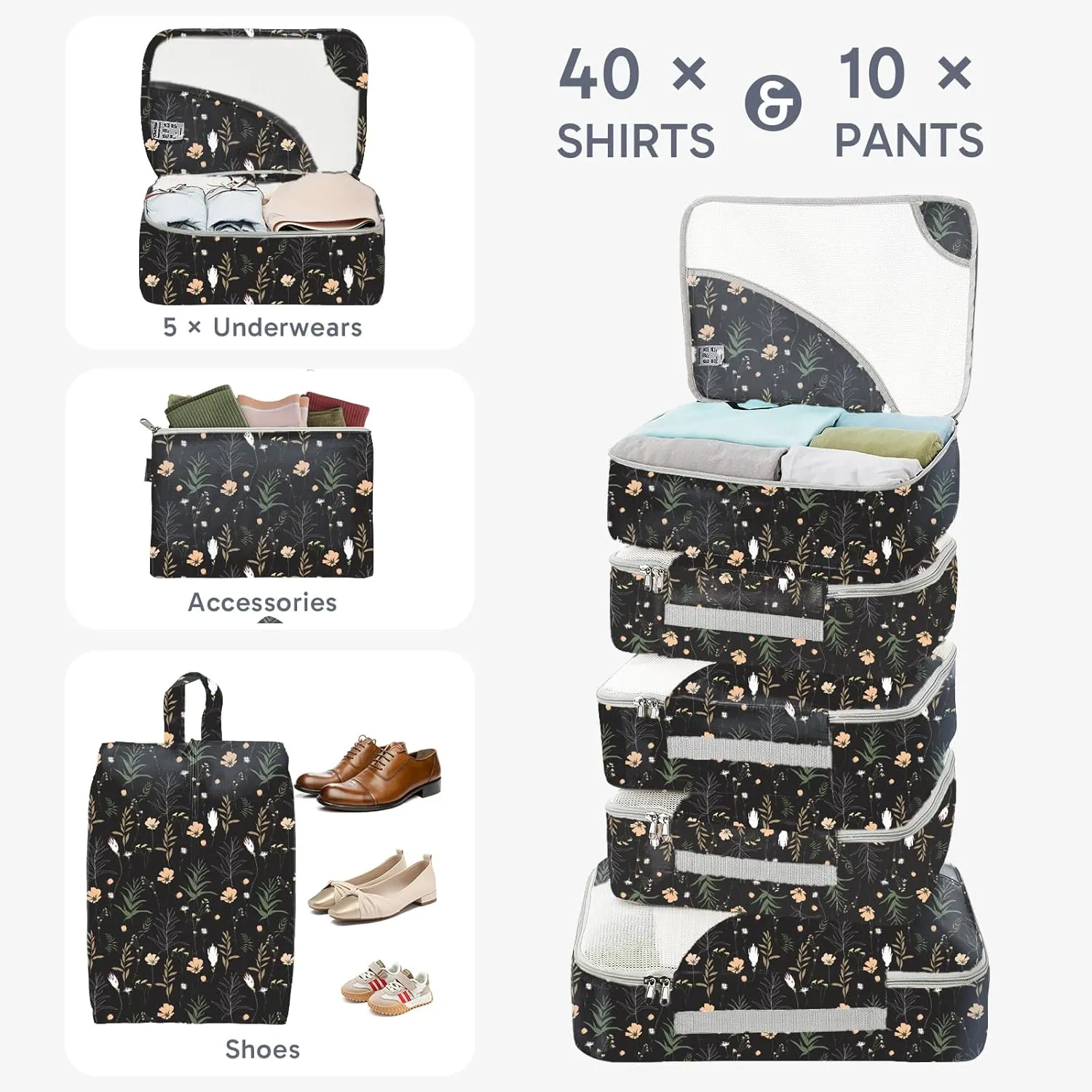 ALL INCLUDED 10 Set Durable Packing Cubes for Suitcases,OlarHike Essentials for Travel, UPGRADED Anti-Tear Stitching, NEW Improved Luggage Packing Organizers, Essentials for Travel (Black Flower)