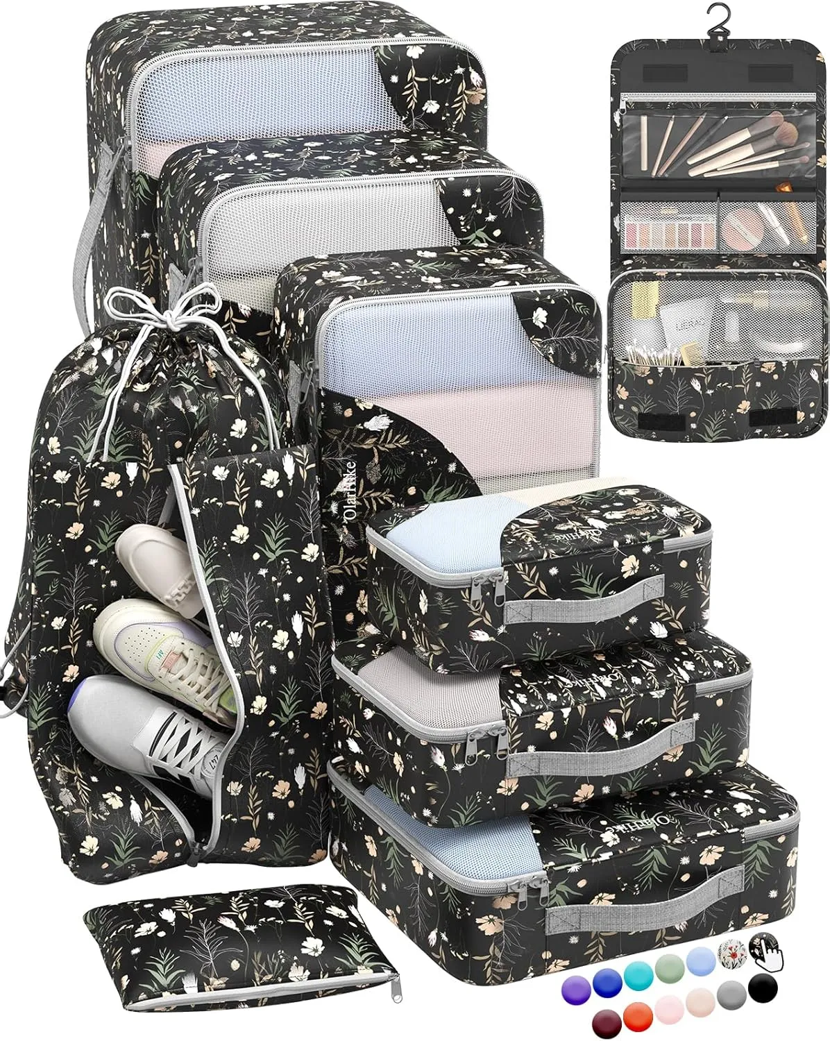 ALL INCLUDED 10 Set Durable Packing Cubes for Suitcases,OlarHike Essentials for Travel, UPGRADED Anti-Tear Stitching, NEW Improved Luggage Packing Organizers, Essentials for Travel (Black Flower)