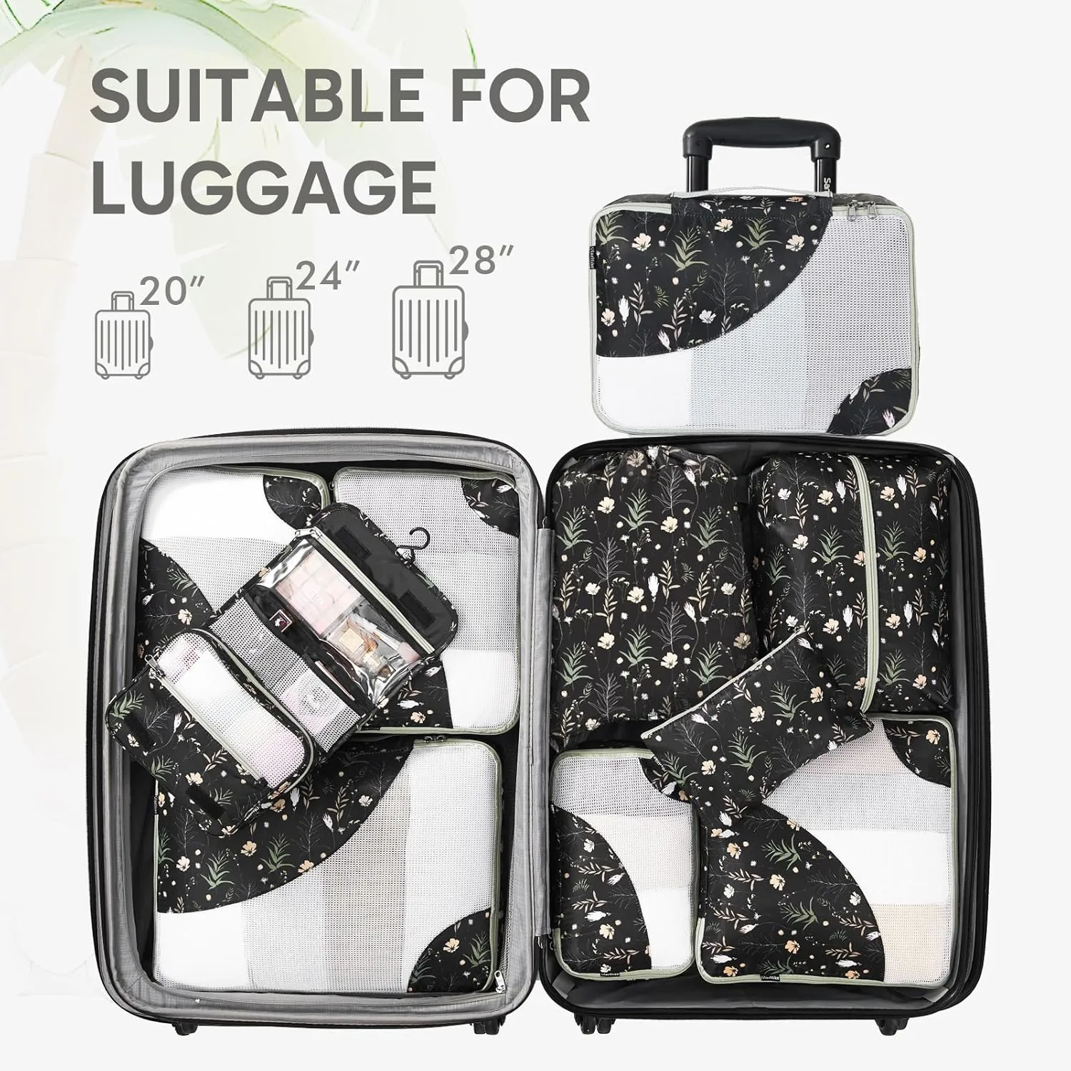 ALL INCLUDED 10 Set Durable Packing Cubes for Suitcases,OlarHike Essentials for Travel, UPGRADED Anti-Tear Stitching, NEW Improved Luggage Packing Organizers, Essentials for Travel (Black Flower)