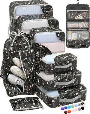 ALL INCLUDED 10 Set Durable Packing Cubes for Suitcases,OlarHike Essentials for Travel, UPGRADED Anti-Tear Stitching, NEW Improved Luggage Packing Organizers, Essentials for Travel (Black Flower)