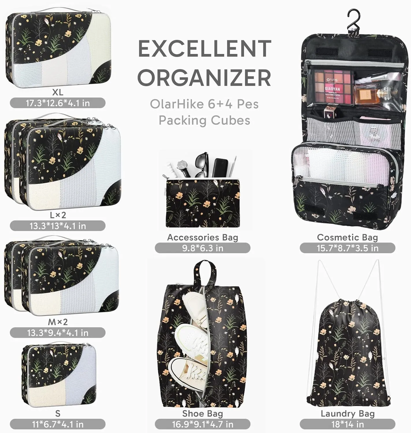 ALL INCLUDED 10 Set Durable Packing Cubes for Suitcases,OlarHike Essentials for Travel, UPGRADED Anti-Tear Stitching, NEW Improved Luggage Packing Organizers, Essentials for Travel (Black Flower)