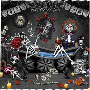 Allenjoy 72" x 72" Gothic Day of The Dead Halloween Shower Curtain for Bathroom Set Mexican Black Cat Skeleton Sugar Skull Lady Home Bath Bathtub Decoration Durable Fabric Machine Washable