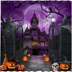 Allenjoy 72" x 72" Purple Halloween Shower Curtain for Bathroom Set Scary Night Moon Gothic Haunted House Pumpkin Courtyard Door Home Bath Bathtub Decor Durable Fabric Machine Washable