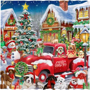 Allenjoy 72x72 inch Winter Village Dogs Shower Curtain for Bathroom Snowy Country Merry Christmas Xmas Truck Puppy Farmhouse Durable Waterproof Fabric Bathtub Home Decor