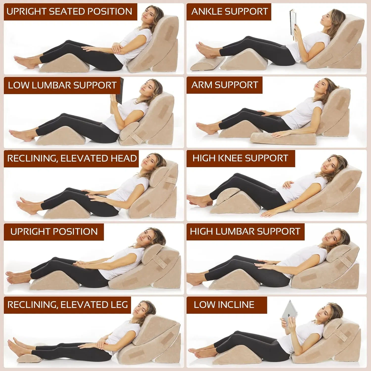 AllSett Health 4 PC Bed Wedge Pillows Set - Orthopedic Wedge Pillow for Sleeping with Memory Foam | Multi Angle Relief System for Back, Neck, Shoulder, and Leg - Machine Washable Cover
