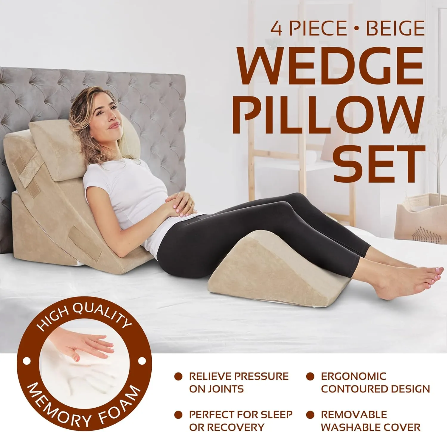 AllSett Health 4 PC Bed Wedge Pillows Set - Orthopedic Wedge Pillow for Sleeping with Memory Foam | Multi Angle Relief System for Back, Neck, Shoulder, and Leg - Machine Washable Cover