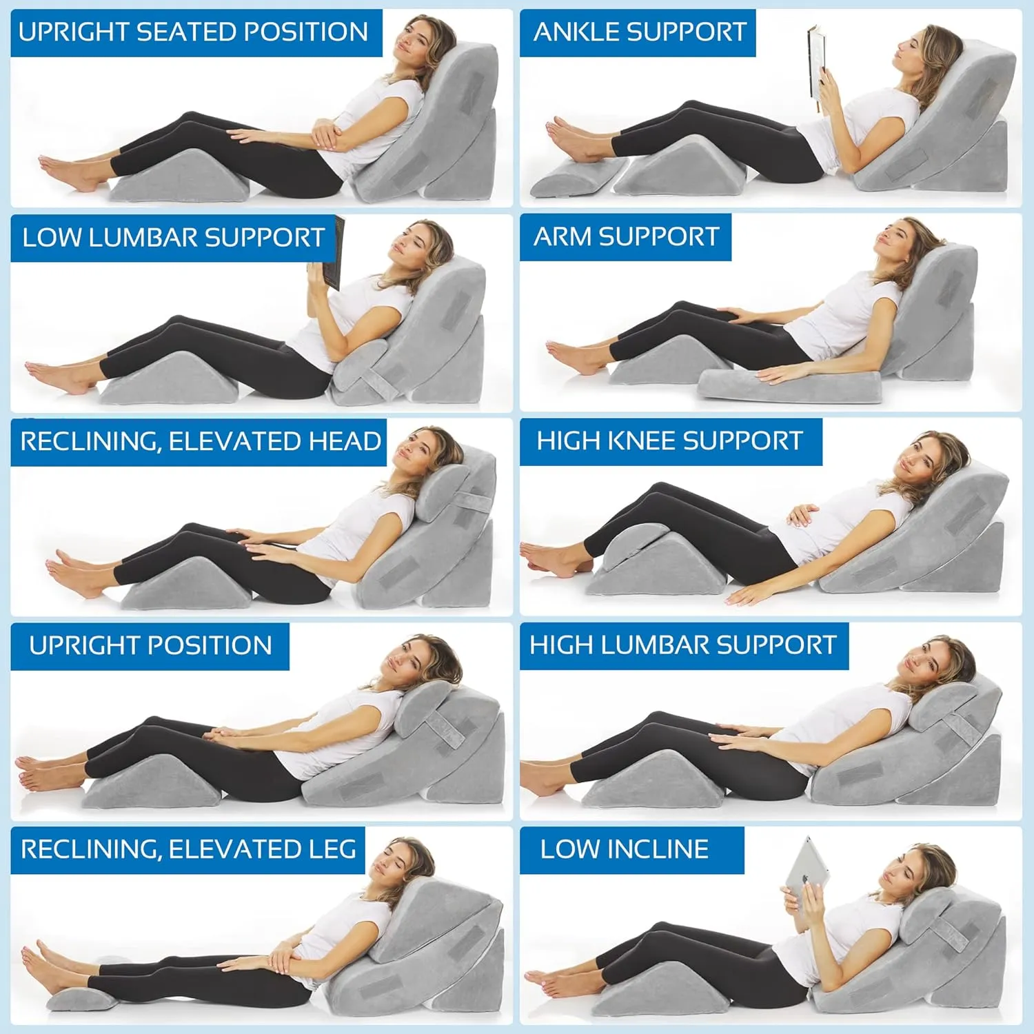 AllSett Health 4 PC Bed Wedge Pillows Set - Orthopedic Wedge Pillow for Sleeping with Memory Foam | Multi Angle Relief System for Back, Neck, Shoulder, and Leg - Machine Washable Cover