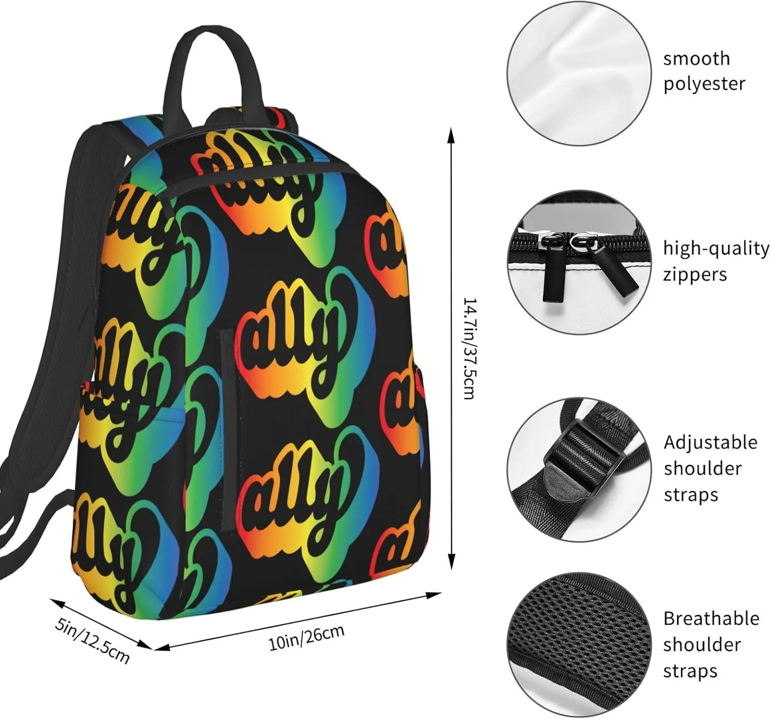 Ally LGBT Rainbow Gay Pride Travel Laptop Backpack Casual Backpacks Double Shoulder Daypack Notebook Rucksack Work Bags Sports Bag for Gym Hiking Camping Beach