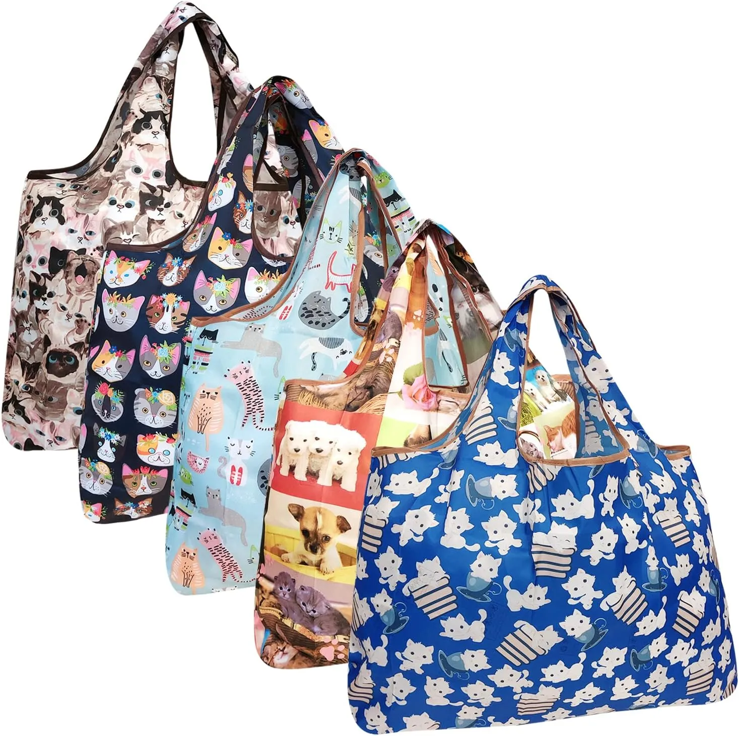 allydrew Large Foldable Tote Nylon Reusable Grocery Bags, 5 Pack